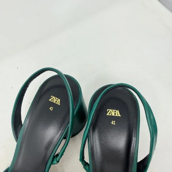 Zara Emerald Green Leather Slingback Block Heel Gold Shell Square Toe Pumps 41 - Picture 3 of 10